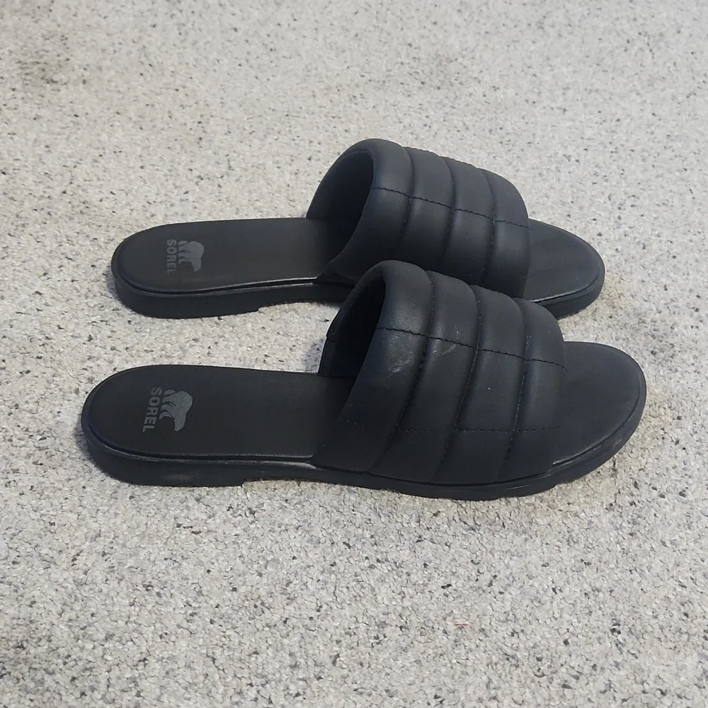 Sorel Ella III Slide Sandals Quilted Leather Slip On Flats Black Size 10.5 - Picture 8 of 14